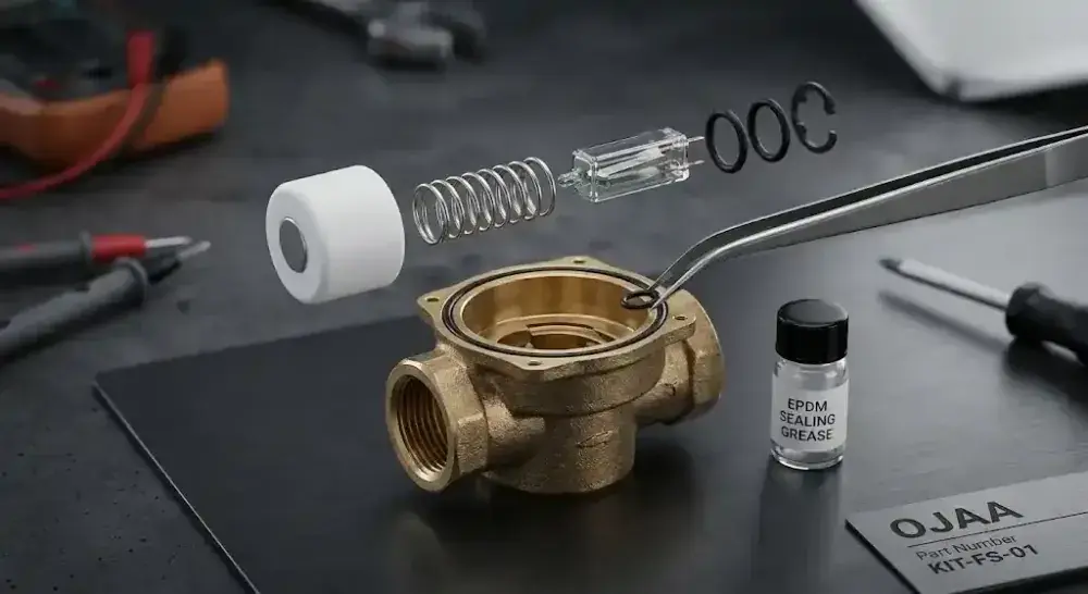 اجزای کیت تعمیر فلوسوئیچ پکیج شامل رید رله شیشه ای، شناور مغناطیسی تفلونی و فنر استیل