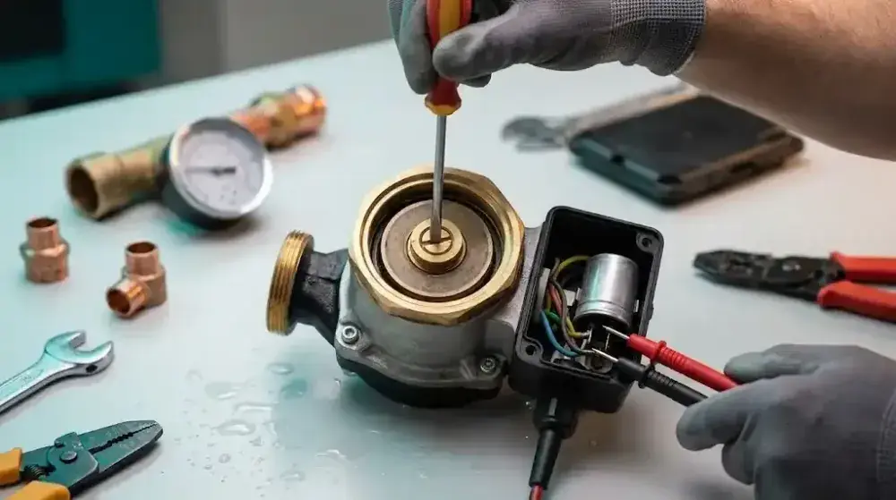 Technician using a flathead screwdriver to bleed air and unjam the boiler circulation pump on a hydraulic block