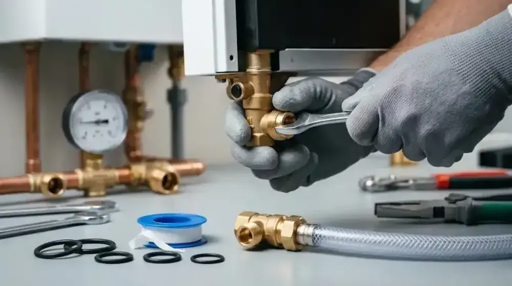 Technician using a spanner to inspect and replace a brass boiler drain valve on a return hydraulic block