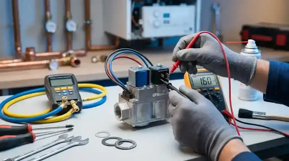 Certified technician utilizing a digital multimeter for testing boiler gas valve coils on a workbench