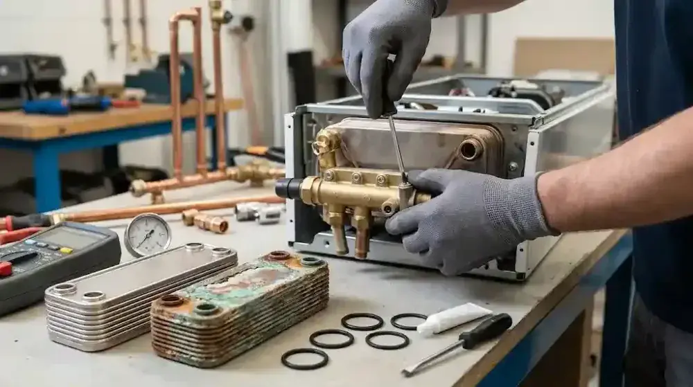 Technician removing the securing screws on a brass hydraulic block to replace a scaled boiler secondary heat exchanger