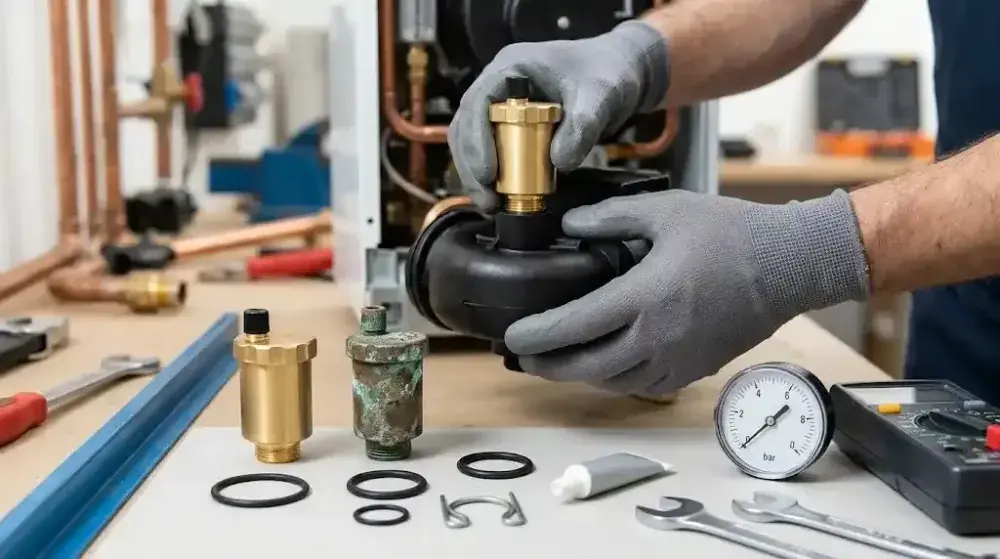 Technician replacing a brass automatic air vent and its O-ring on a boiler circulation pump housing