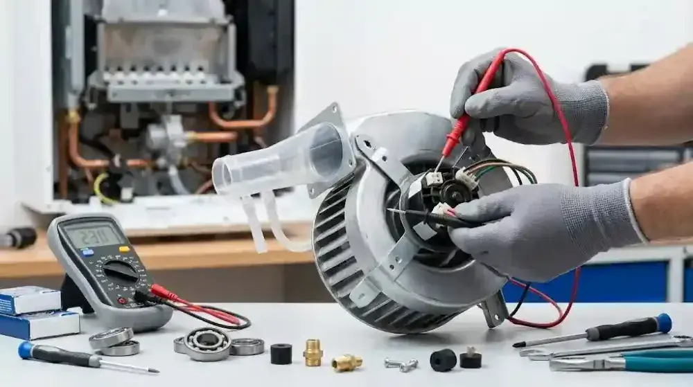 Technician checking the aluminum impeller and testing the voltage of a room-sealed boiler exhaust fan with a multimeter