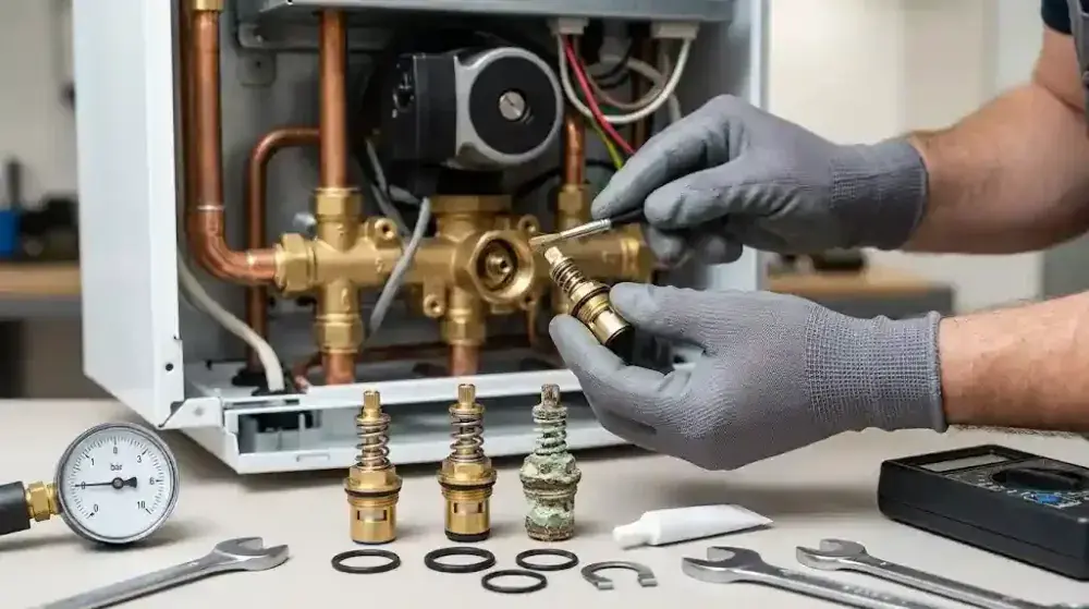 Technician inspecting the internal spring and rubber seal of a combi boiler bypass valve on a brass hydraulic block